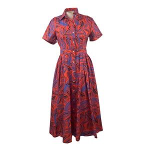 Alexis for Target Red Blue Tropical Leaf Button Front Midi Shirt Dress XS